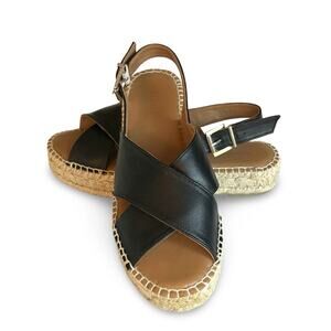 Alohas Espadrille Crossed Platform Sandals Size 38 US 7.5 Black Leather Strappy